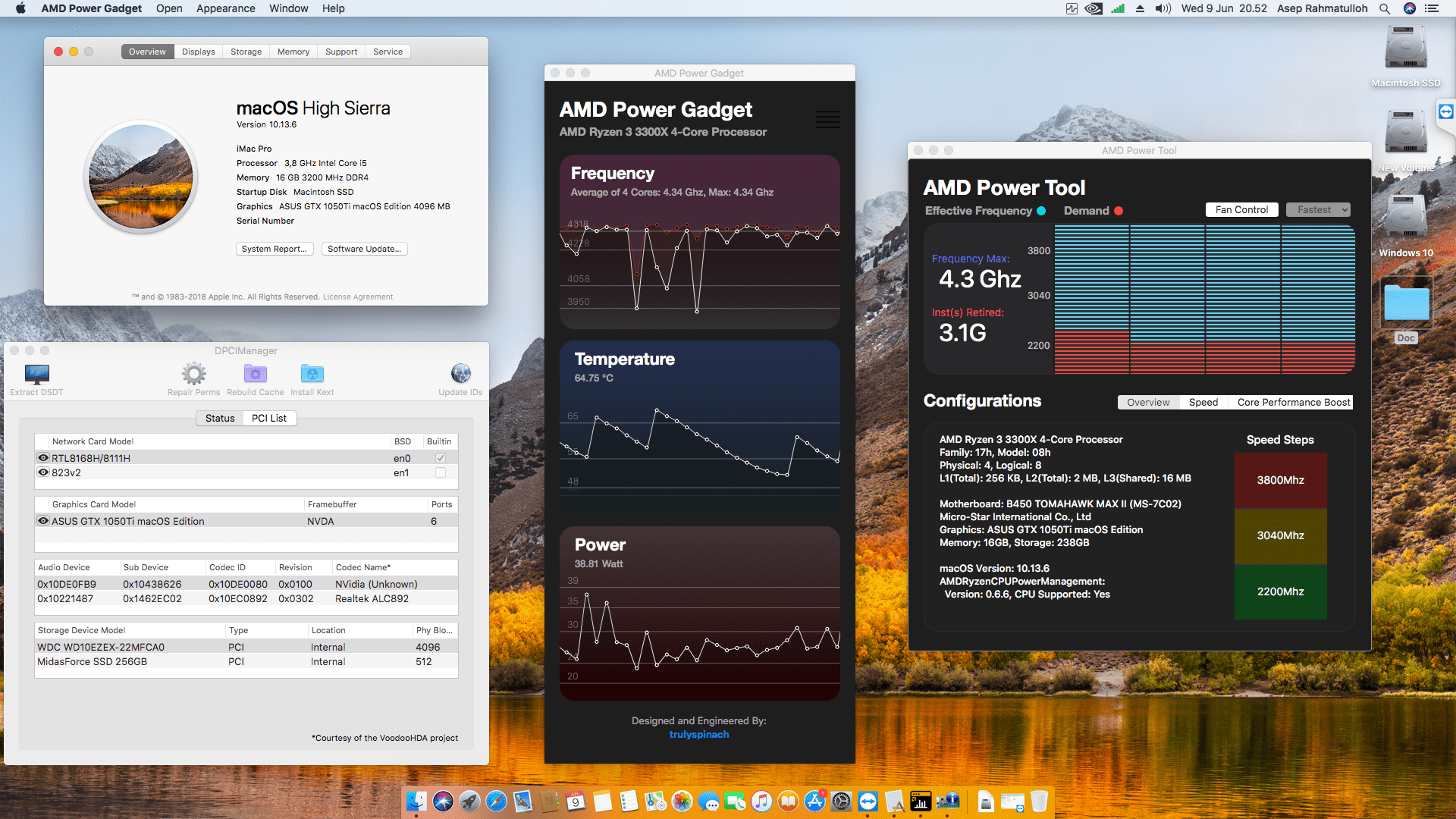 Success Hackintosh macOS High Sierra 10.13.6 Build 17G66 in MSI B450 Tomahawk Max II + AMD Ryzen 3 3300X + Asus GTX 1050Ti